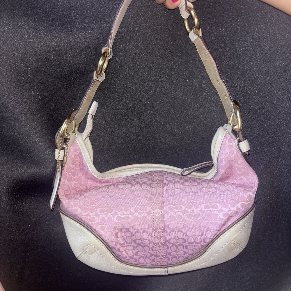 vtg Coach Signature C Monogram Pink Canvas 1455 Leather Small Hobo Shoulder Bag